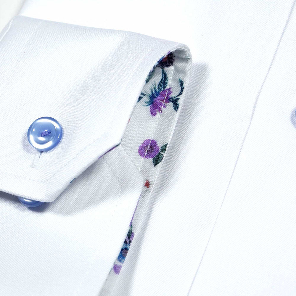 White Floral Trim Signature Twill Slim Fit Shirt  Eton   