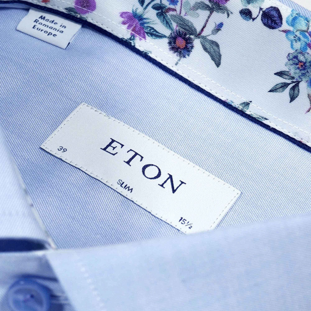 Blue Floral Trim Signature Twill Slim Fit Shirt  Eton   