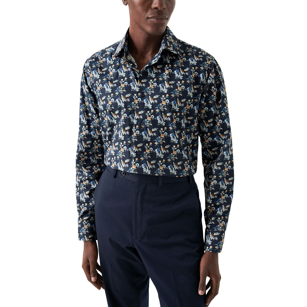 Navy Blue Floral Print Contemporary Fit Twill Shirt  Eton   