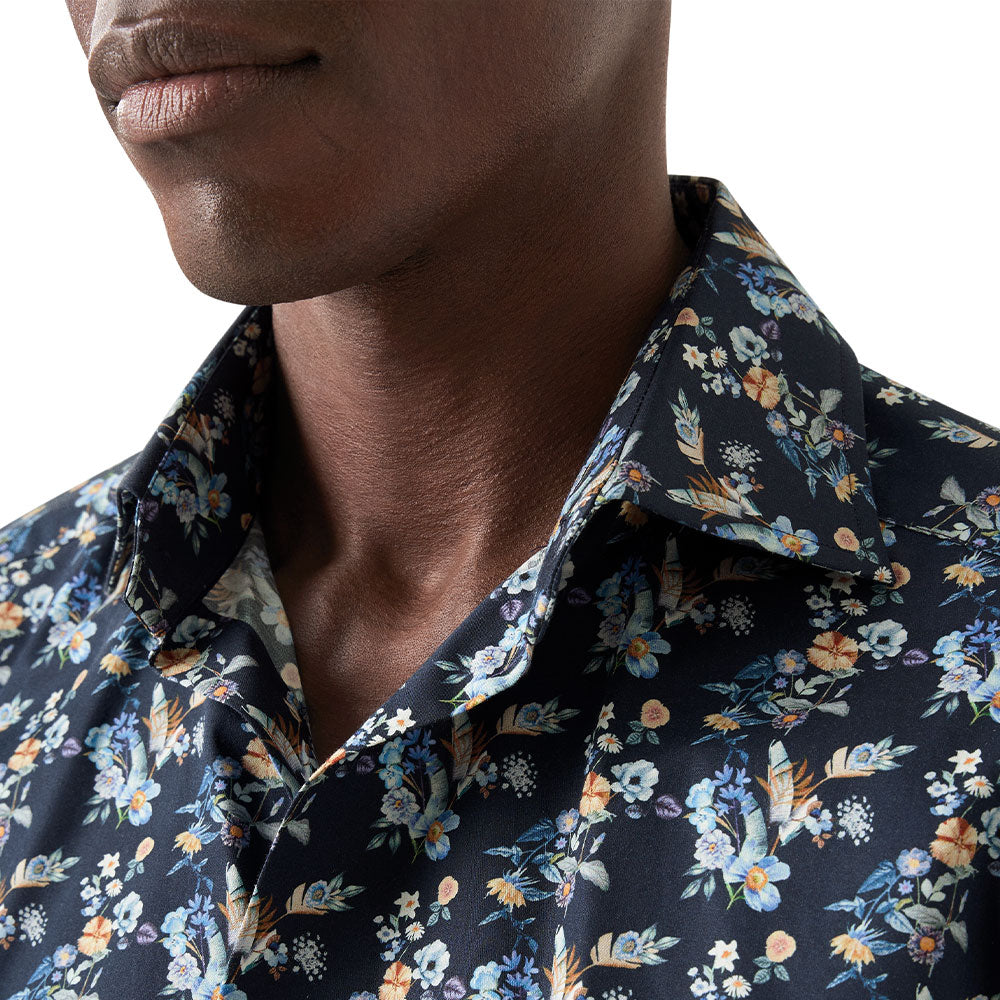 Navy Blue Floral Print Contemporary Fit Twill Shirt  Eton   