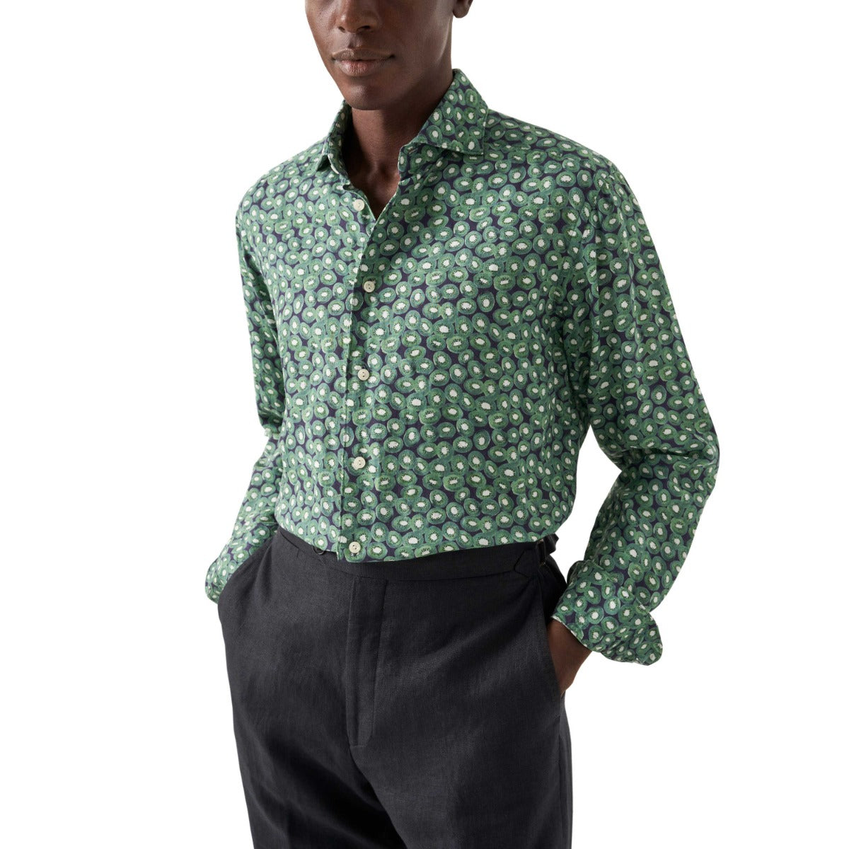 Green Kiwi Print Linen Shirt L/S SHIRTS Eton   