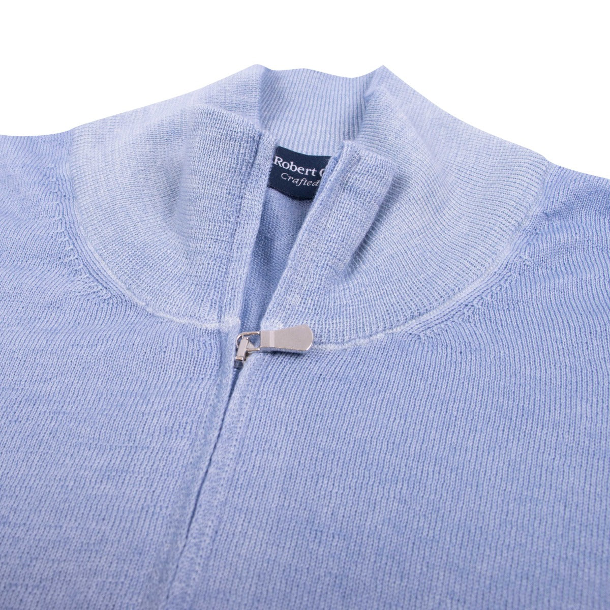 Light Blue 100% Virgin Wool Long Sleeve Zip Neck Knit  Robert Old   