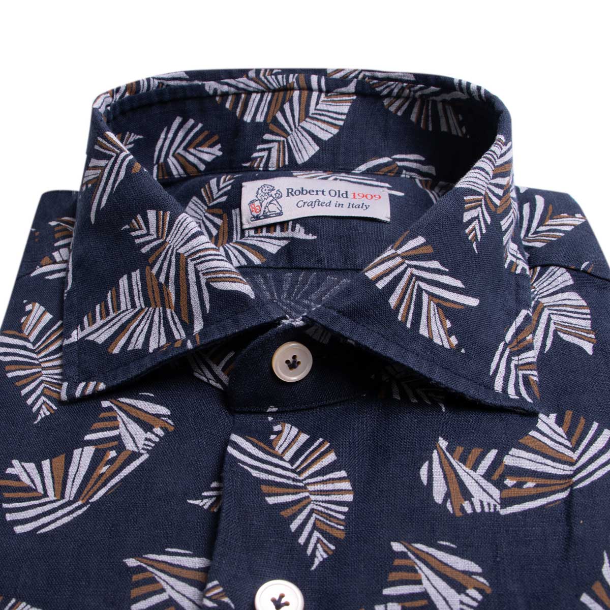 Navy Floral Pure Italian Linen Shirt L/S SHIRTS Robert Old   