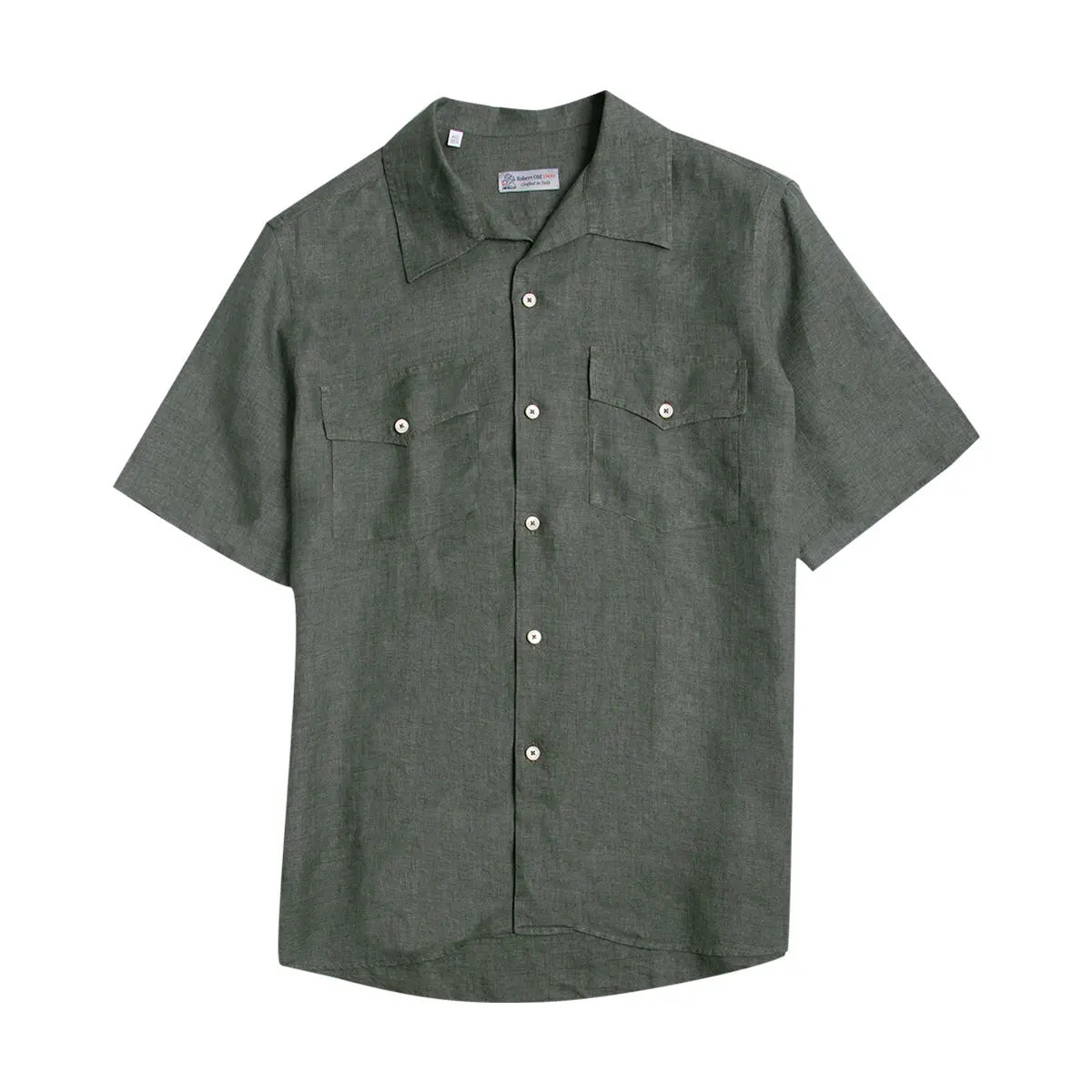 Dark Green Italian Linen Short Sleeve Shirt S/S SHIRTS Robert Old   