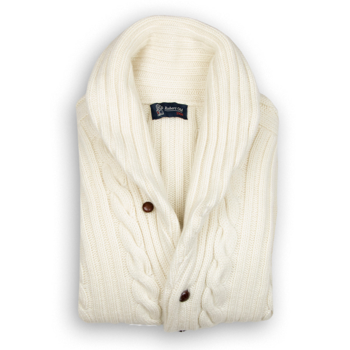 White Undyed Balmour 8Ply Shawl Collar Cable Cashmere Cardigan  Robert Old White Undyed UK 38&quot; 