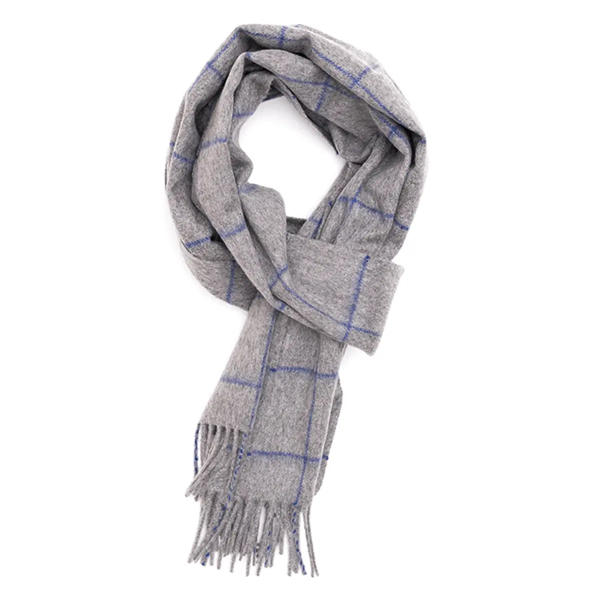 Pewter &amp; Cobalt Windowpane Cashmere Scarf  Robert Old Grey  