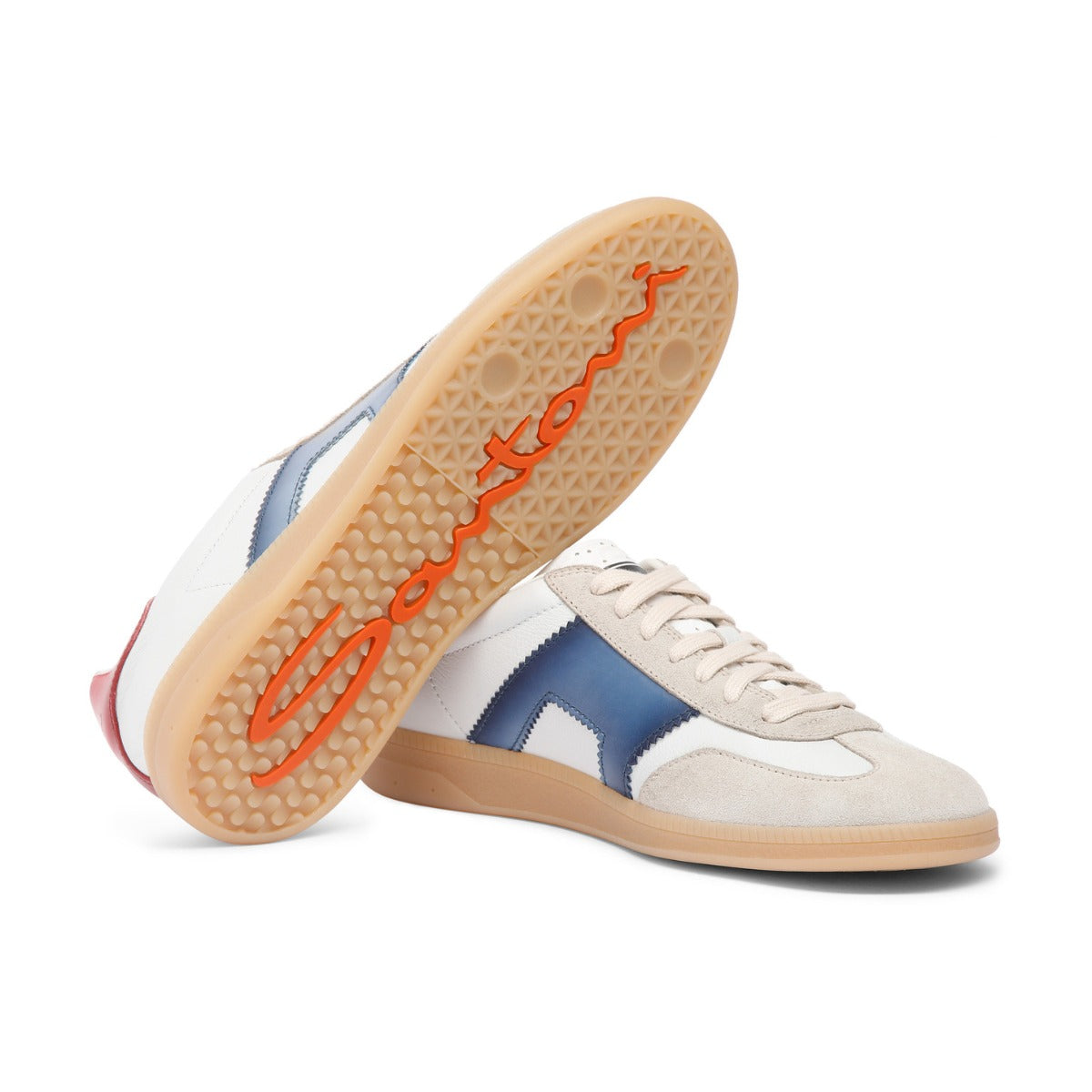 White, Blue and Red Suede Double Buckle Oly Sneaker Sneaker Santoni   