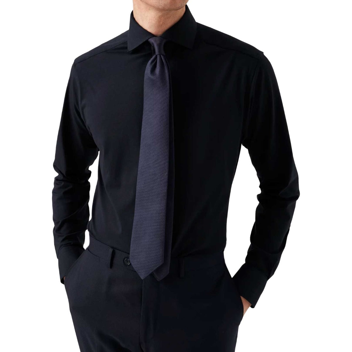 Navy Cotton Four-Way Stretch Long Sleeve Shirt  Eton   