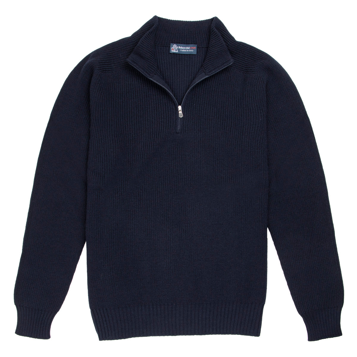 Navy Rain Wool Zip Neck Sweater  Robert Old   