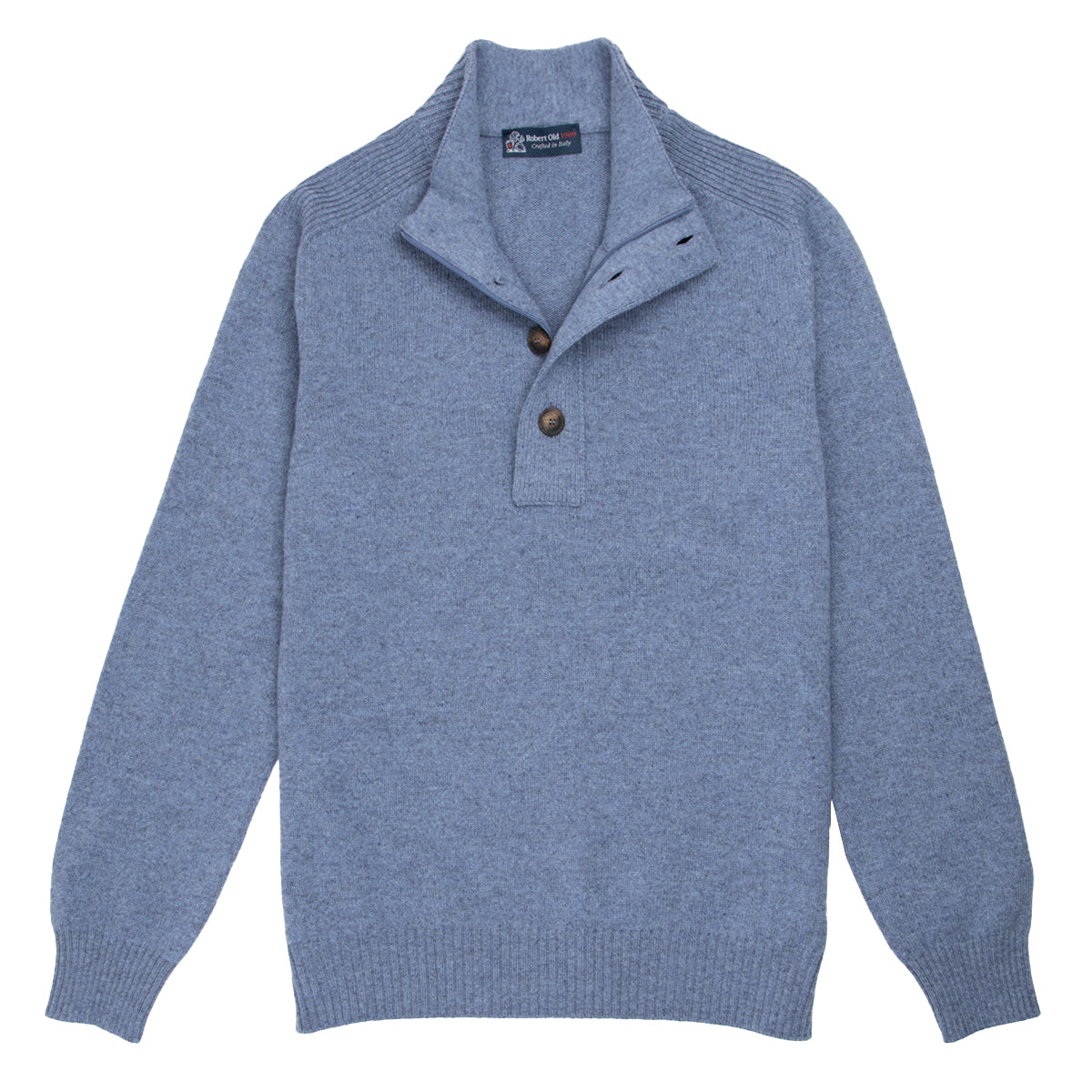 Blue Melange Buttoned Zip-Neck Wool Jumper  Robert Old   