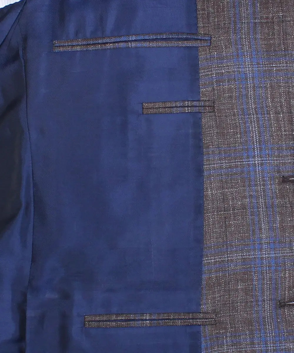 Brown & Blue Check Wool Linen Blend Blazer  Robert Old   